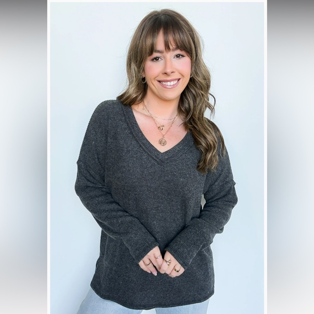 ZENANA Pure Chill Ribbed V-Neck Long Sleeves Top Black Various Sizes